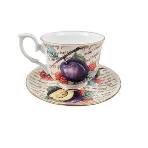 Royal Nobilta Fine Bone China Teacup Saucer Set Fruit Design England Vintage